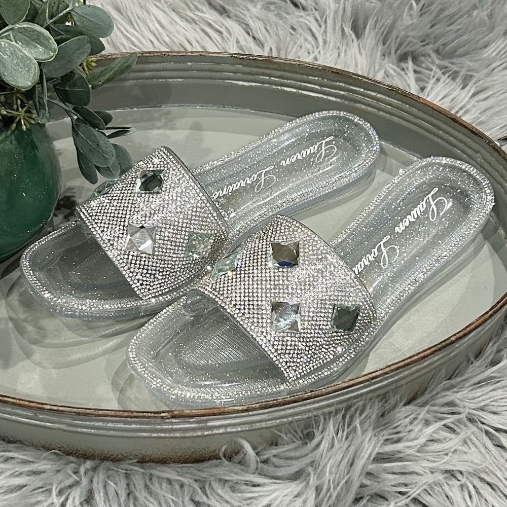 Lauren Lorraine Women's Bianca Clear Open Toe Rhinestones Sparkle Sandal Size 8